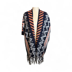 Women's Fantastic Fawn Open Cardigan Navy Orange Aztec Pattern Poncho S Western